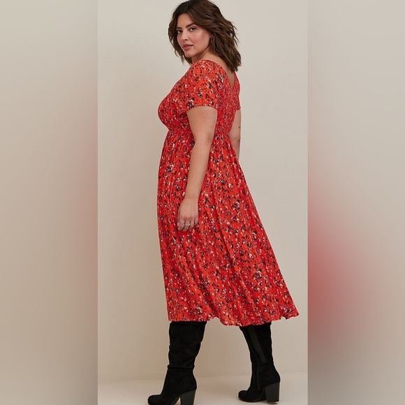 Torrid size XXL plus size Red Smocked flutter Sleeve Midi Cottage Animal Print - Picture 4 of 6